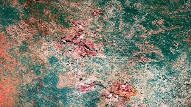 rusting old metal plate painted with green paint