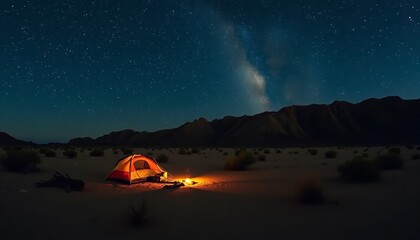 Night Camping Scene Under Starry Sky Majestic Mountain Range Illuminated Tent Campfire Desert Landscape Adventure Travel          