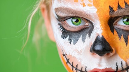 Girl with Halloween face paint, close-up, green background.  Perfect for holiday cards