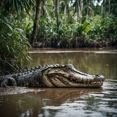 Fototapeta premium Crocodile Resting on a Riverbank. Crocodile in the water. 