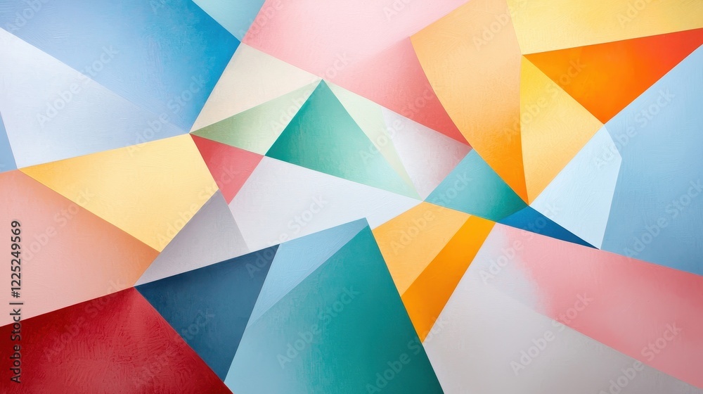 Poster abstract composition of sharp angular polygons in metallic hues and soft pastel shades