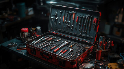 toolbox filled with various car repair tools, showcasing organization and readiness for work. tools are neatly arranged, reflecting mechanic