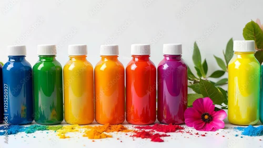 Poster A row of colorful bottles of paint with a white label. The bottles are lined up next to a bunch of flowers