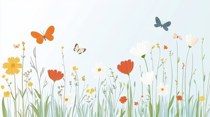 Hand-drawn Spring Meadow with Blooming Flowers, Butterflies, and Fresh Green Grass in Soft Color Palette