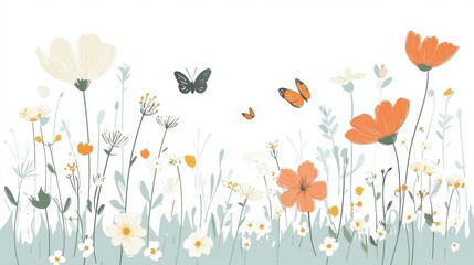 Hand-drawn Spring Meadow Scene Featuring Blooming Flowers and Butterflies in Soft Pastel Colors