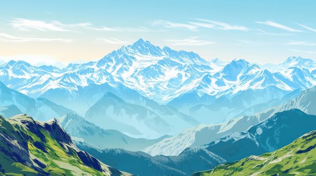 Majestic snow-capped mountains rise above lush green valleys under a clear blue sky (1)