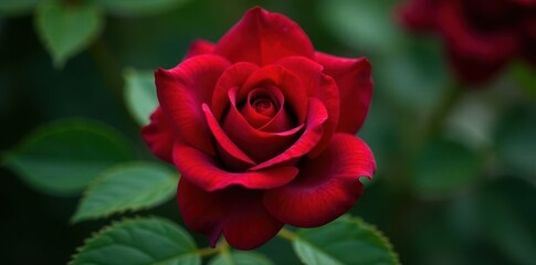 Fototapeta premium Deep crimson rose, vibrant green leaves, close-up, elegant, rose, still life