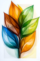 Naklejka premium A vibrant illustration of overlapping leaves in various colors, showcasing a blend of green, orange, and blue, creating a modern, artistic design.
