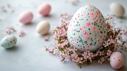 Obraz premium Hand-painted floral Easter egg with cherry blossoms on soft pastel background.