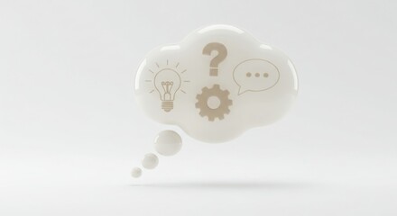 3D White Thought Bubble with Lightbulb, Question Mark, Cogwheel, and Speech Bubble Icons