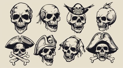 Vintage Pirate Skulls Tattoo Sketch Set - Roger Mas Funny Illustration