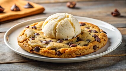 Fototapeta premium Warm chocolate chip cookie on a plate with a few crumbs scattered around the edges, topped with a small dollop of vanilla ice cream, dessert, cookie love