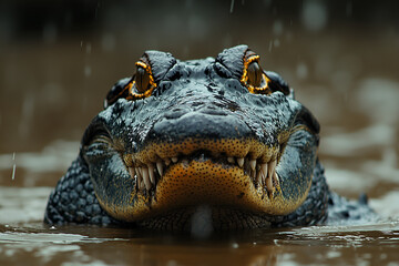 Obraz premium Aggressive crocodile with sharp teeth emerging from murky water, rain falling