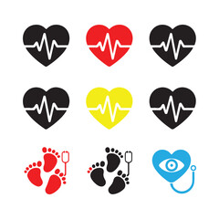 Set of heart pulse with heart and babys feet vector flat style silhouette vector illustration
