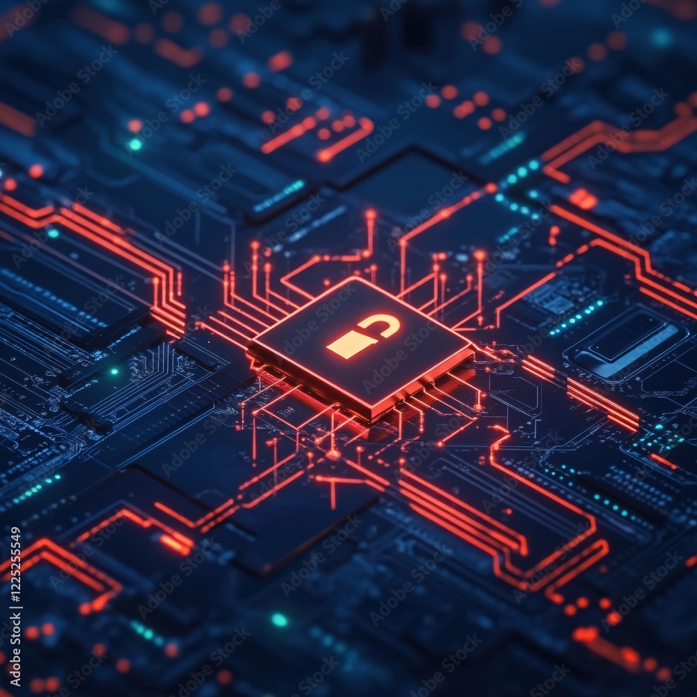 Poster glowing circuit board with open padlock symbol representing data security and network access