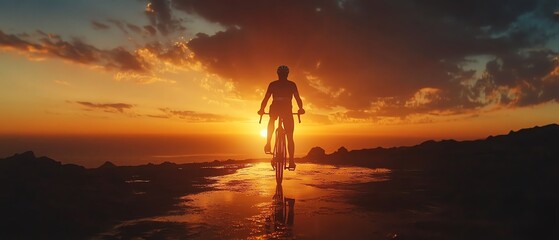 Cyclist silhouetted with raised bicycle, victorious moment, race and success concept, dramatic sunset sky, highresolution detail, soft lighting, 8K quality