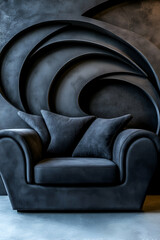 Obraz premium A modern black sofa with unique curved designs on the wall, creating a stylish and artistic interior ambiance.