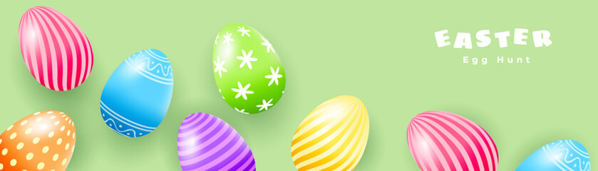 Happy Easter creative design with realistic 3d vector multi colored Easter eggs. Modern template for greeting banner, card, advertising sale, web, horizontal poster.