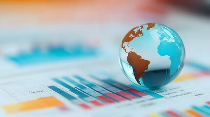 Elegant Glass Globe Positioned on Colorful Infographic About Global Trends and Data Analysis