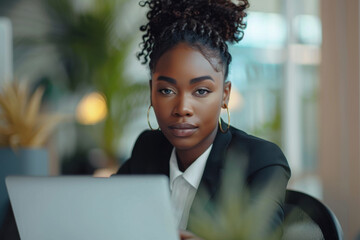 Dark-skinned business woman in a tailored business suit sits at a desk, concentrating on her laptop. Bright office environment enhances her professional appearance and determination.