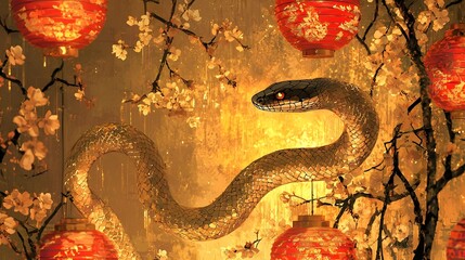 Obraz premium Glowing Serpent Coiled Amongst Festive Lanterns and Cherry Blossoms on Warm Golden Background