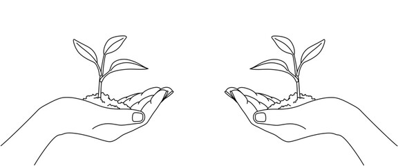 vector illustration of hand holding plant seed in line art style. earth day element