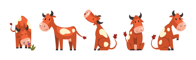 Funny Brown Cow Farm Animal in Different Pose Vector Set