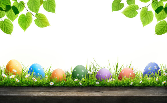 A template of a wooden product display top with painted Easter eggs and green spring grass, meadow on a transparent background to celebrate a happy Easter.