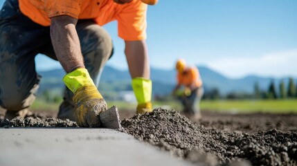 Construction Workers Laying Concrete Slabs at New Industrial Site with Blue Sky and Mountain Backdrop