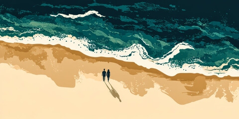 Couple walking along the shoreline at sunset near a tranquil beach