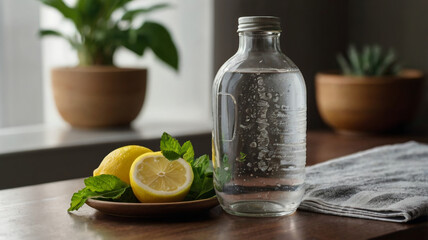 A transparent glass bottle filled with water and slices of lemon, mint, and cucumber