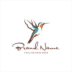 Simple Sketchy Line Art Flying Beautiful Colibri Bird Perched Logo Design