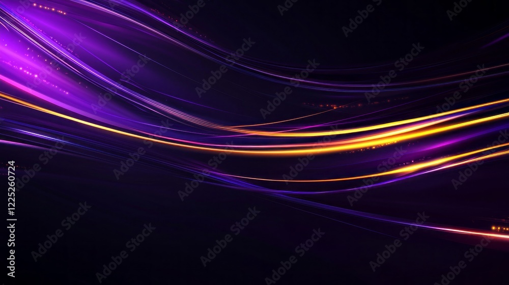 Poster dynamic lines of purple and yellow swirl through a dark backdrop, evoking feelings of energy and mov