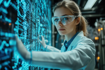 A scientist in a modern laboratory engages with a glowing digital display, analyzing data to advance research in technology and science. The environment is cutting-edge and innovative.