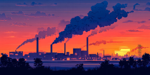 Obraz premium Factory skyline at sunset with colorful clouds and emissions rising into the sky