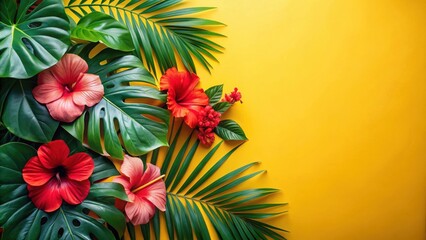Vibrant Tropical Flowers and Lush Green Leaves on Yellow Background