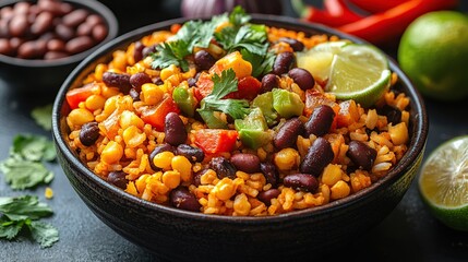 Fototapeta premium Delicious rice, beans, and corn bowl. Spicy Mexican food