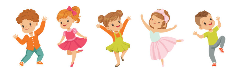 Cute Kids Dancing Moving Body Show Performance Vector Set