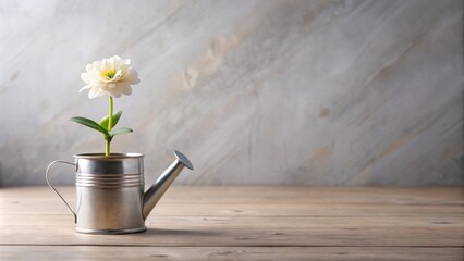 A single white flower blossoms in a miniature metal watering can on a rustic wooden surface