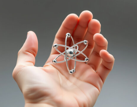Mano sosteniendo una estructura at&oacute;mica 3d
