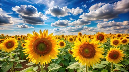 Obraz premium A vast expanse of tall sunflowers swaying gently in the breeze under a brilliant blue sky with puffy white clouds