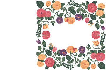 Decorative vector design. A floral frame filled with colorful flowers and green leaves