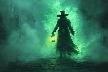 A leprechaun stands in a fog-filled alley, wearing a top hat and holding a lantern that emits an eerie green light. The atmosphere is mystical and enchanting, evoking a sense of wonder.