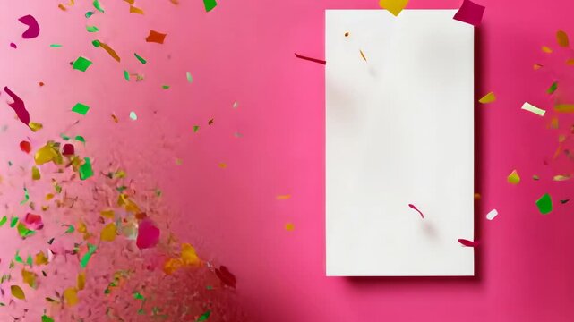 Colorful confetti celebration with bright pink backdrop and empty card for special event invitation