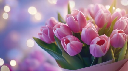 Fototapeta premium Pink tulips bouquet on blurry background, spring flowers for international womens day 8 march as gift, violet purple bunch romantic present from floral shop made by florist, close up view copy space