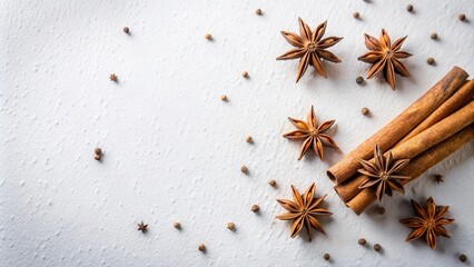 Fototapeta premium Aromatic Spices Arranged on White Surface Star Anise and Cinnamon Sticks