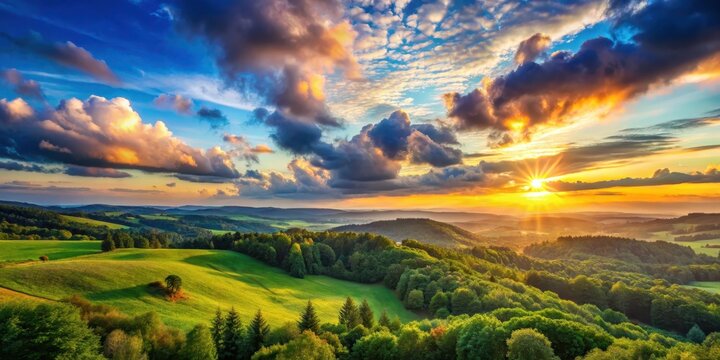 Breathtaking sunset over rolling hills with a vast expanse of blue sky and fluffy white clouds, set against a backdrop of lush greenery and towering trees , hills, landscape