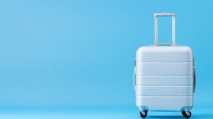 Obraz premium White suitcase on blue background, travel preparation