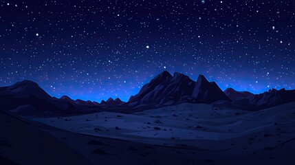 A panoramic night view of a desert landscape under a starry sky,