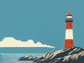 Lighthouse stands tall on rocky shoreline under clear blue sky near ocean waves